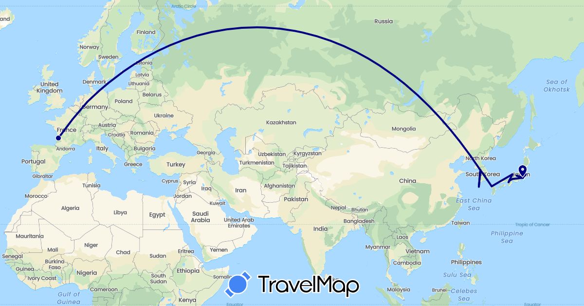 TravelMap itinerary: driving in Germany, France, Japan, South Korea (Asia, Europe)