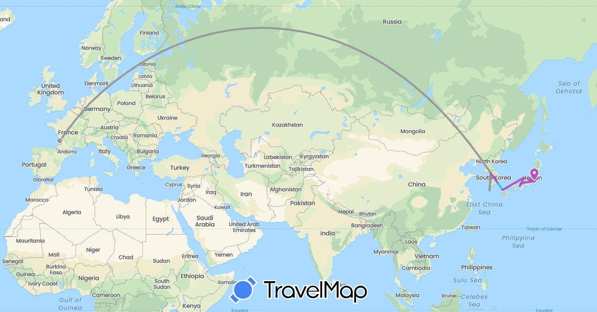 TravelMap itinerary: driving, plane, train, boat in Germany, France, Japan, South Korea (Asia, Europe)